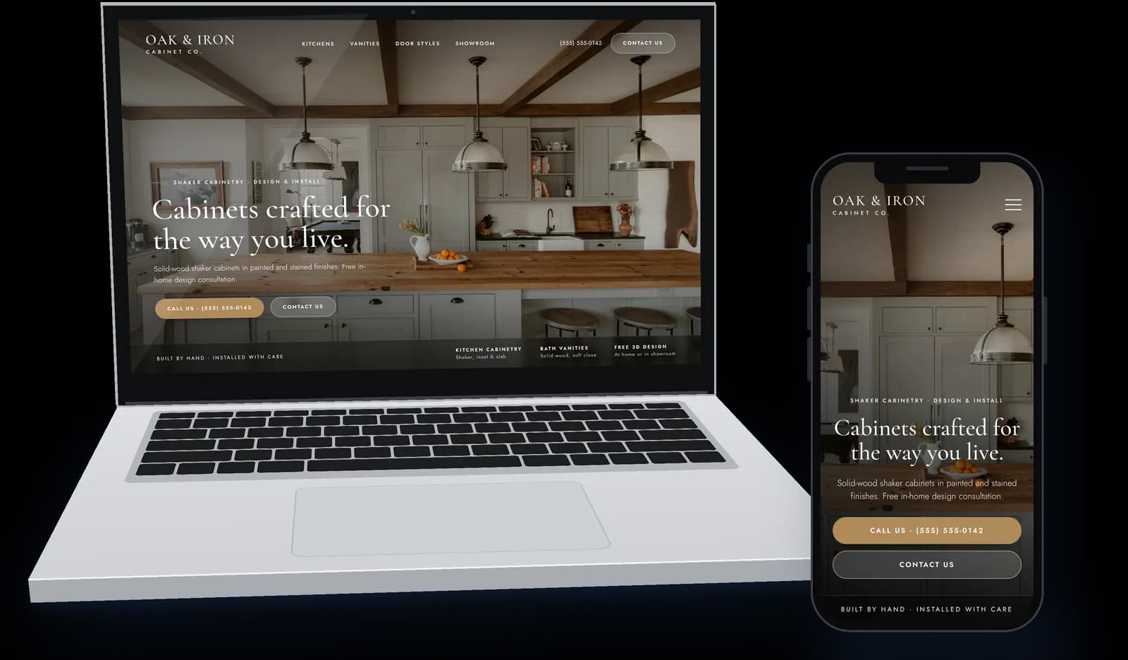 Sample website for a fictional cabinet shop, shown on a laptop and phone